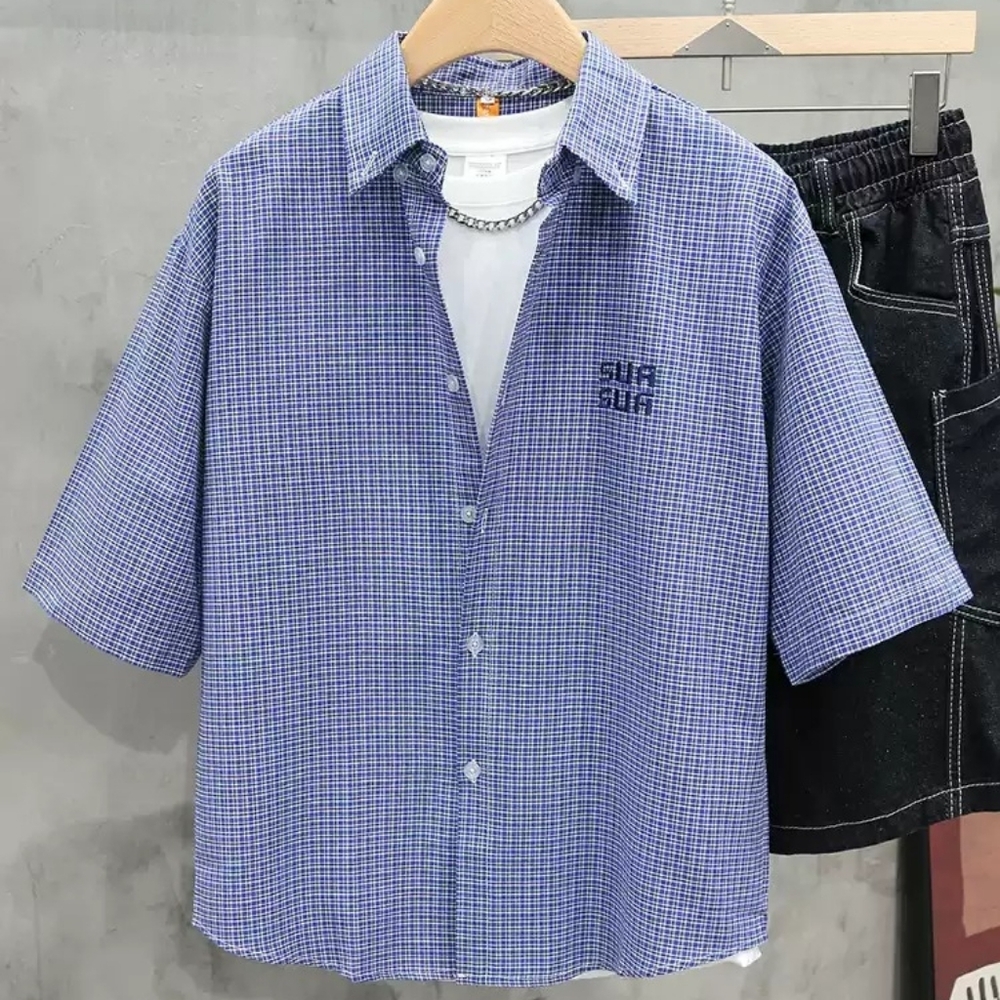 Blue Micro Check Short Sleeve Shirt